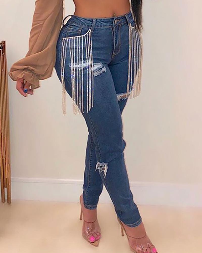 

High Waist Ripped Tassel Design Denim Pants, Blue