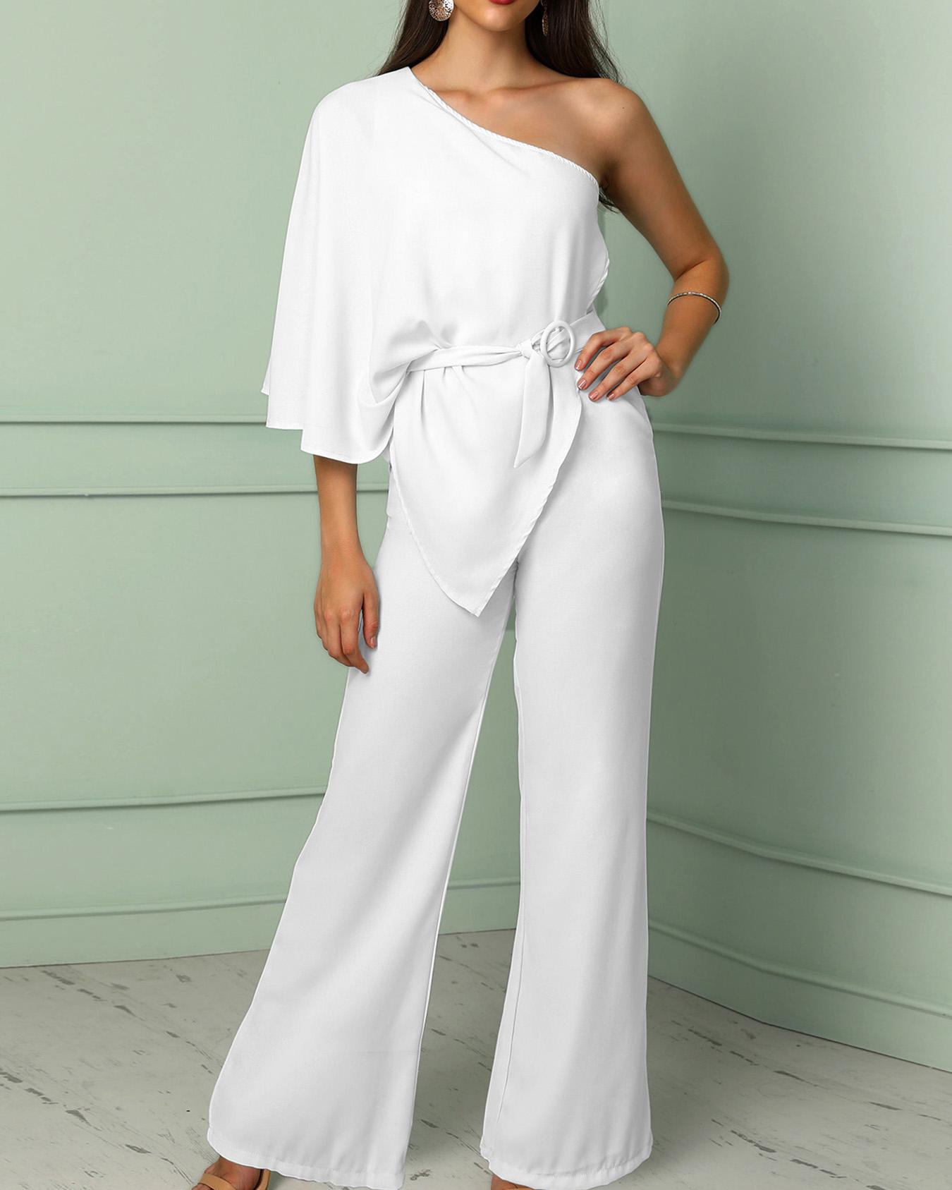 

One Shoulder Irregular Design Belted Jumpsuits, White