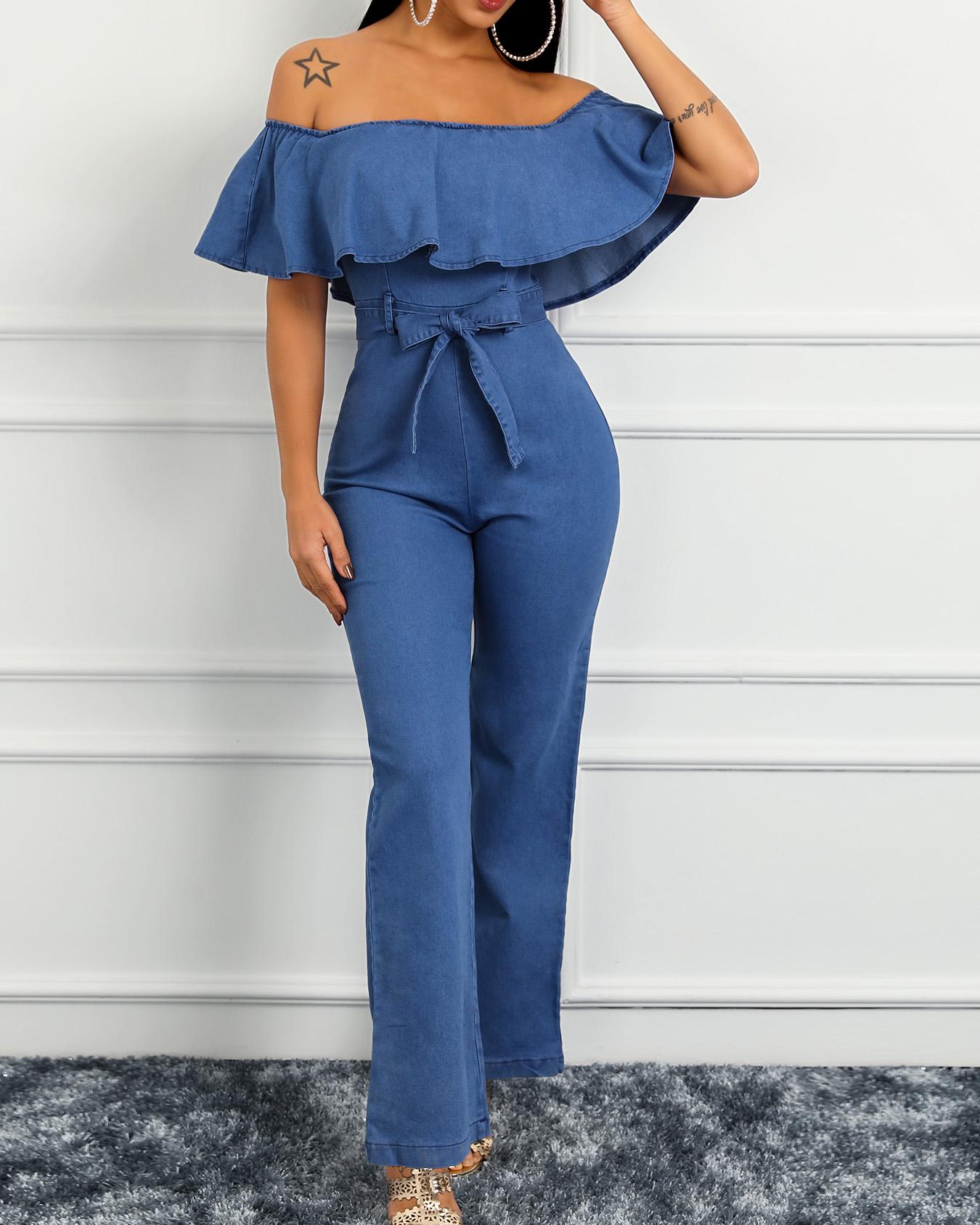 

Ruffles Off Shoulder Belted Denim Jumpsuit
