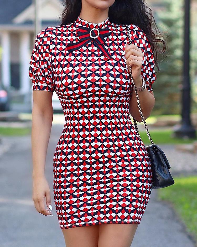 

Geometric Print Tied Neck Cutout Back Bodycon Dress, Red