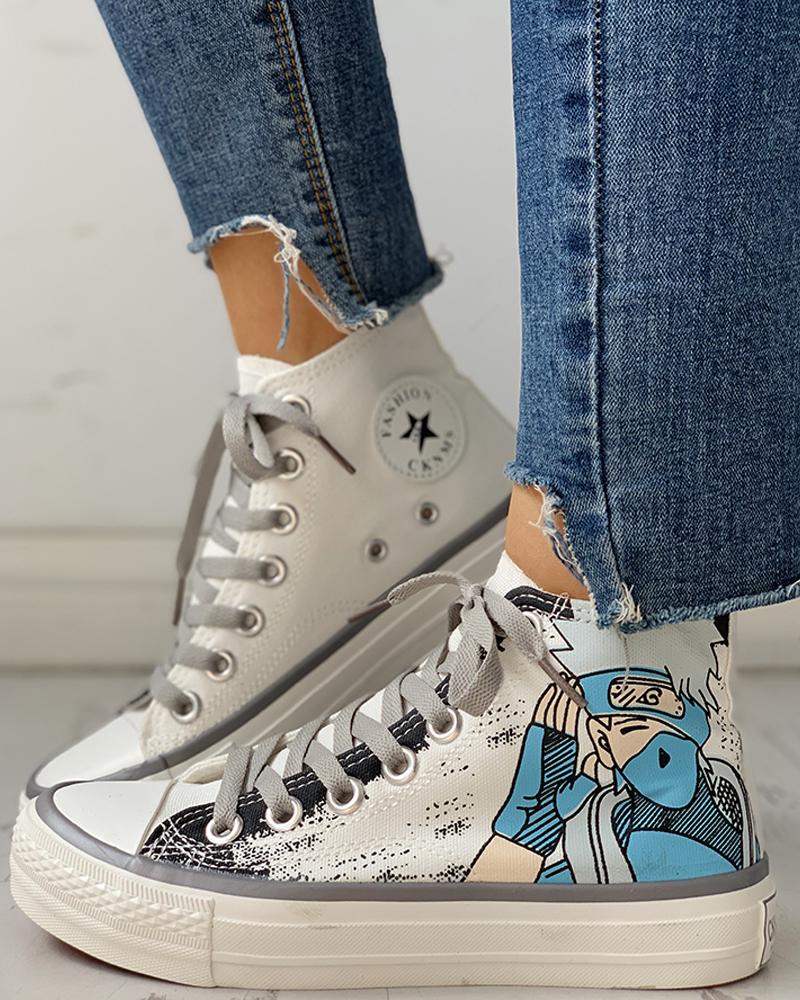 

Comic Print Lace-Up Sneakers, White