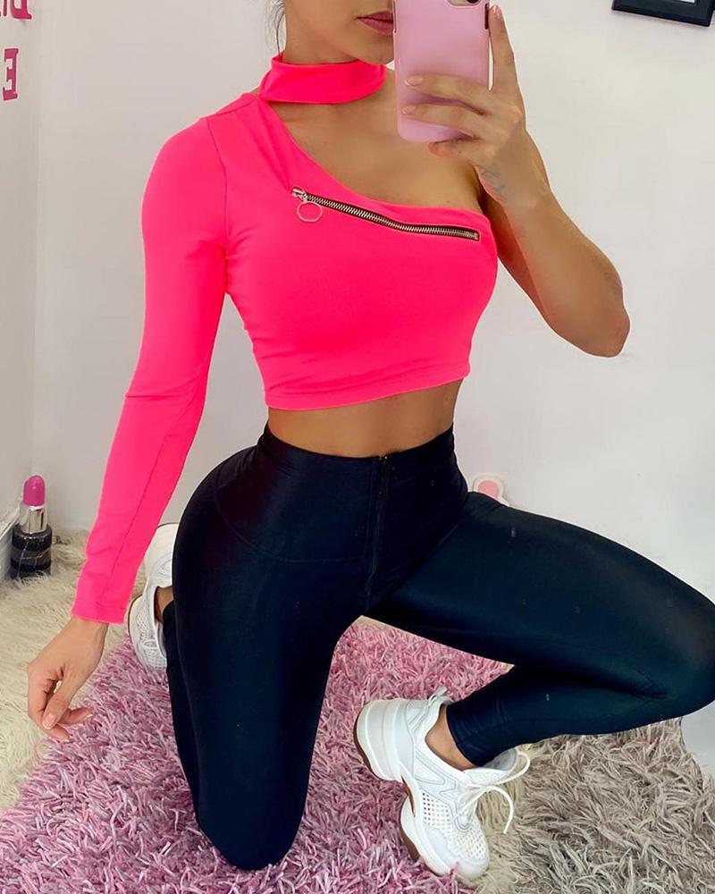 

Zipper Design Long Sleeve One Shoulder T-shirt, Hot pink