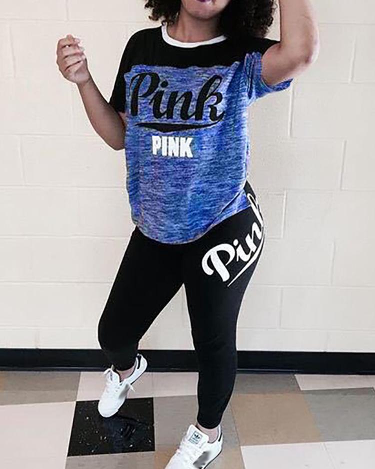 

Contrast Color Letter Print T-shirt & Pants, Blue