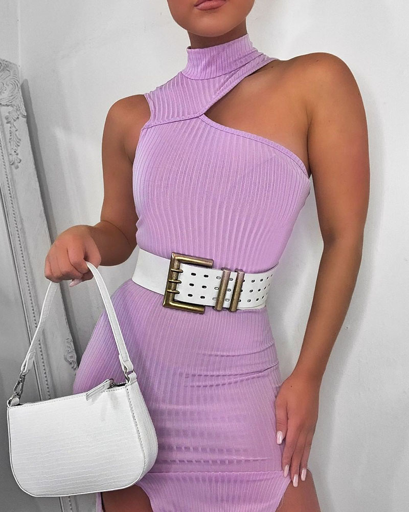 

Cold Shoulder Ribbed Slit Bodycon Dress, Purple