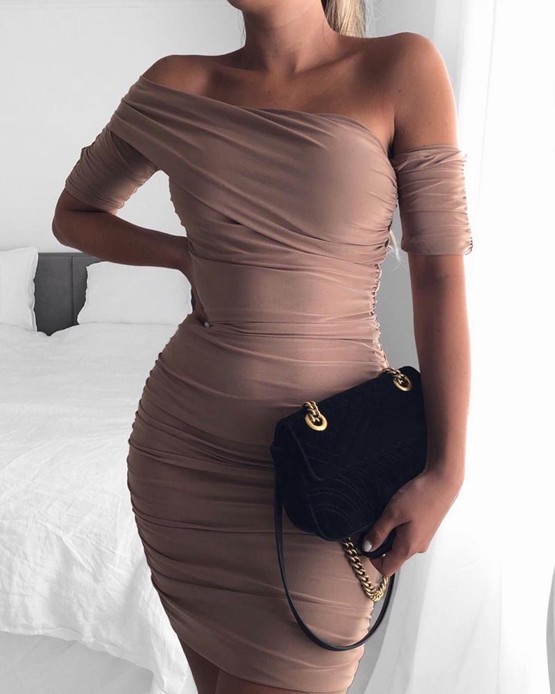 

Solid Off Shoulder Ruched Bodycon Dress, Coffee