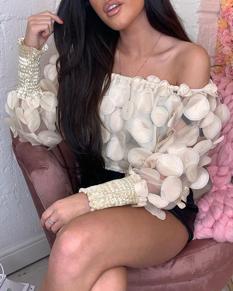 

Mesh Off Shoulder Floral Blouse, Beige