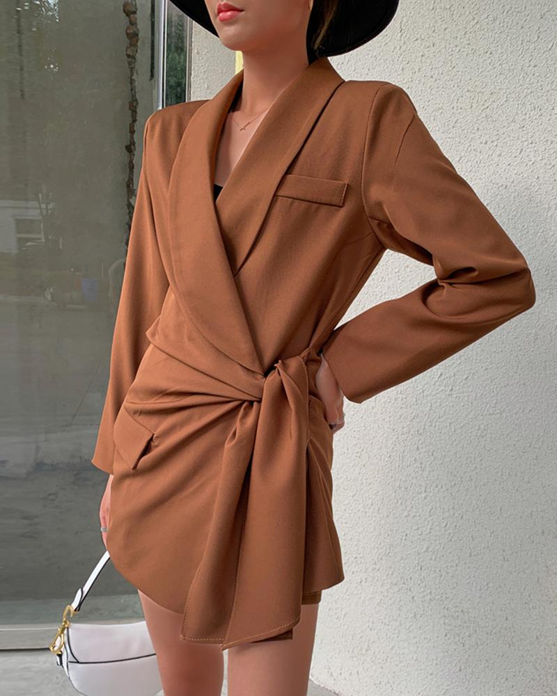 

Plain Pocket Design Tie Front Blazer Coat & Shorts Set, Brown
