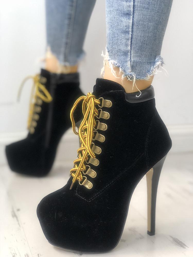 

Suede Contrast Color Platform Thin Heeled Boots, Black
