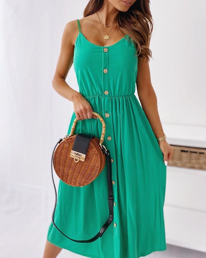 

Solid Spaghetti Strap Button Through Dress, Green