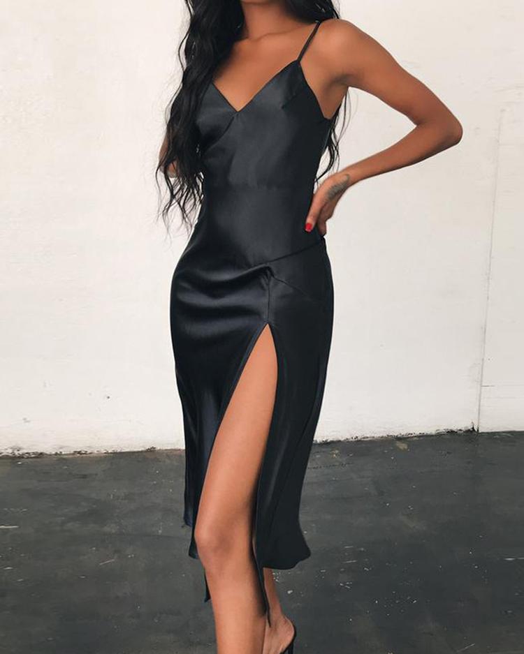 

Lace-Up Back Slit Spaghetti Strap Dress, Black