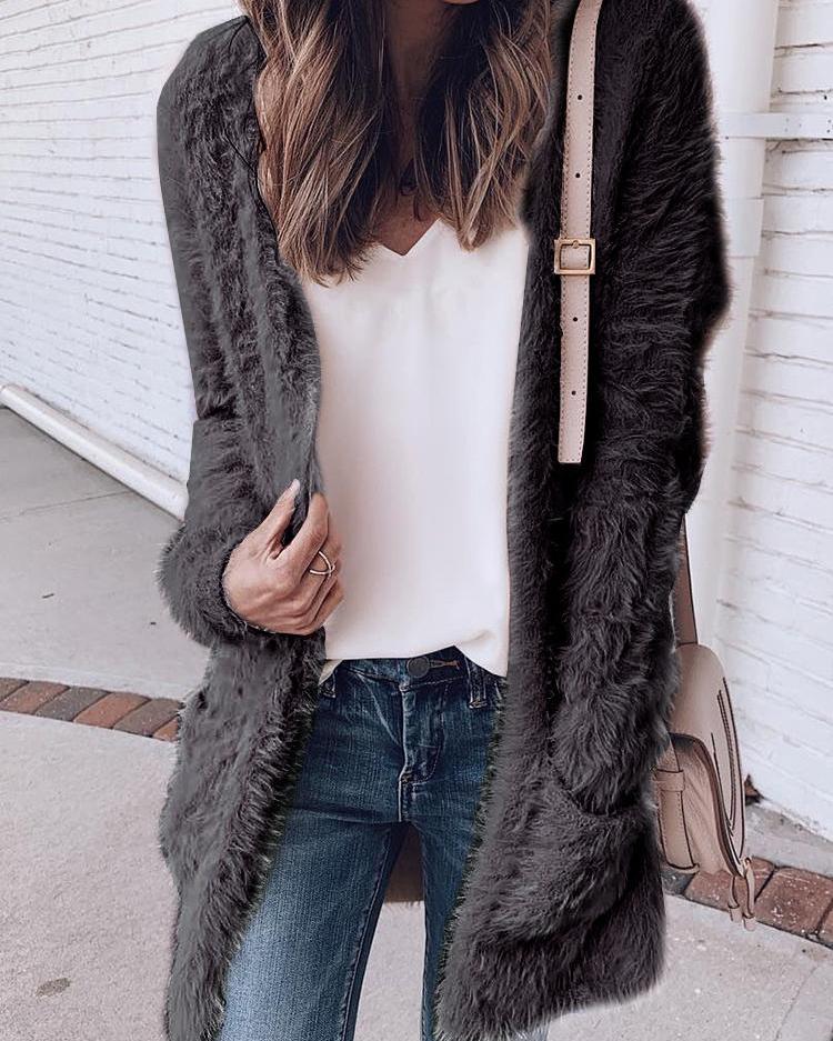 

Fluffy Open Front Pocket Design Coat, Gray