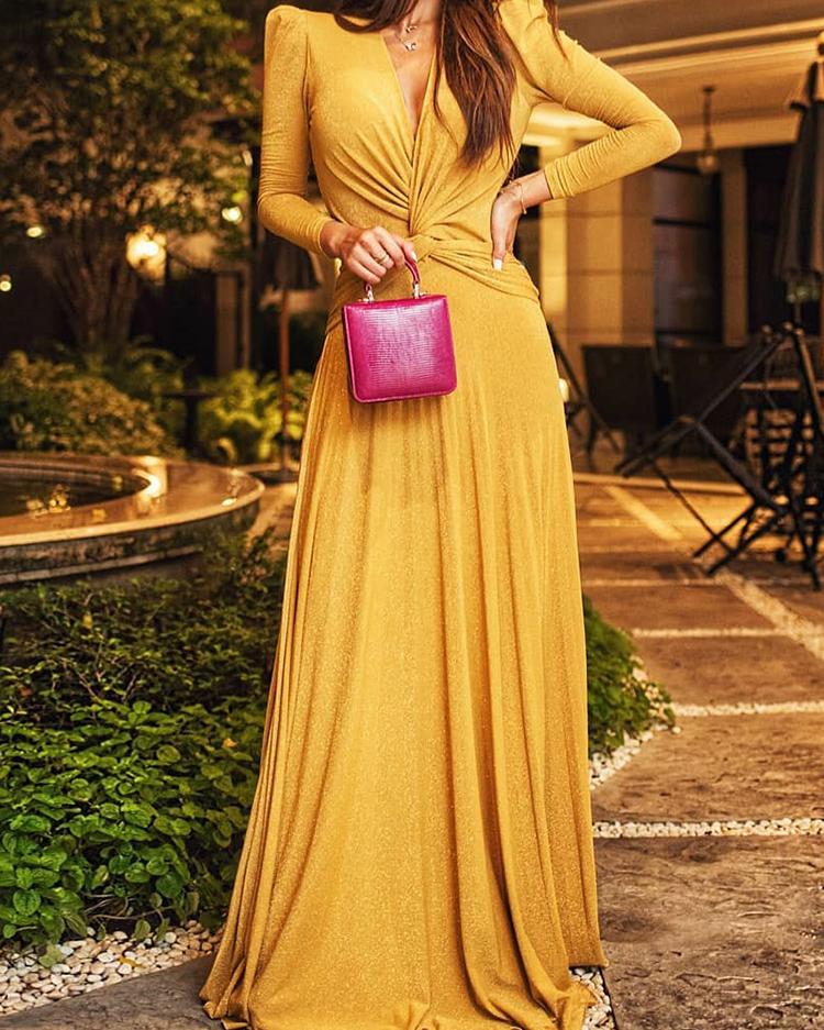 

Glitter Twisted Waist Ruched Evening Dress, Yellow