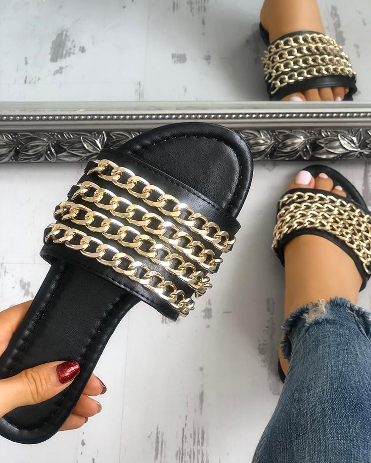 

Chains Embellished Single Strap Slippers, Black