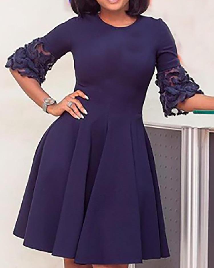 

Lace Bell Sleeve Pleated Casual Dress, Purplish blue