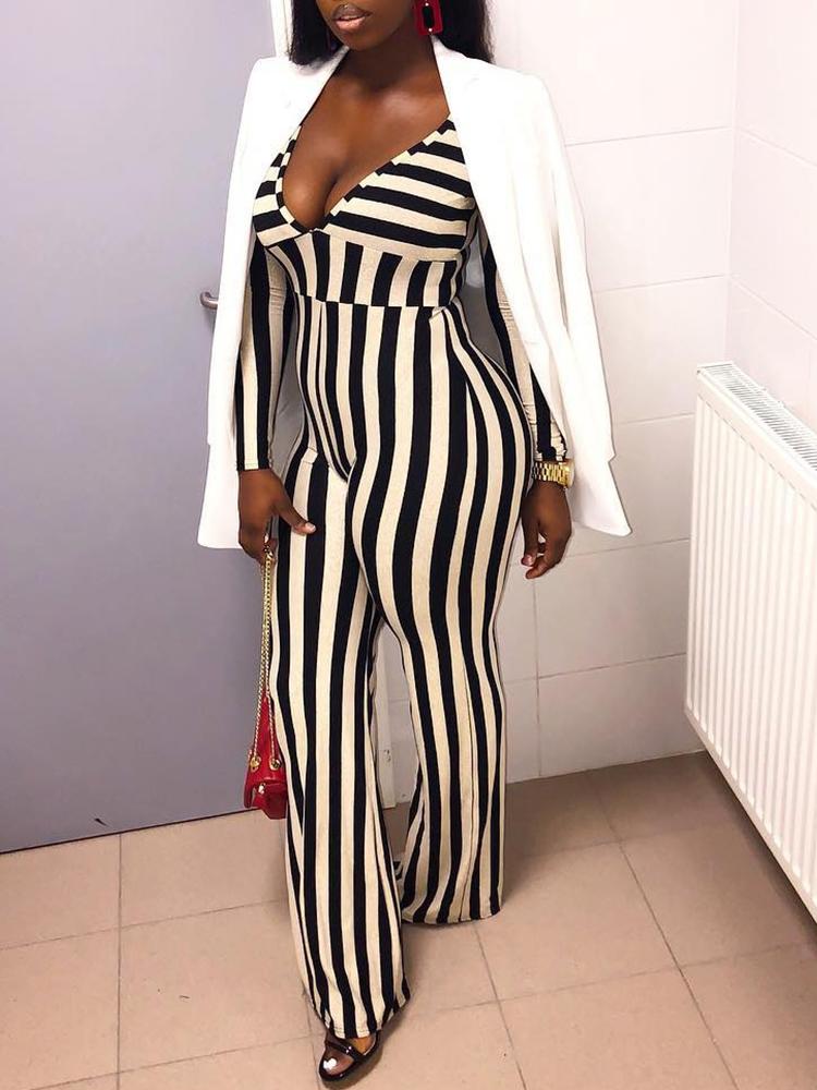 

Contrast Color Striped Deep V Wide Leg Jumpsuit