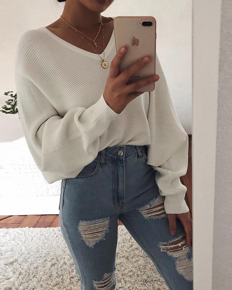 

Long Puff Sleeve V-Neck Casual Sweater, White