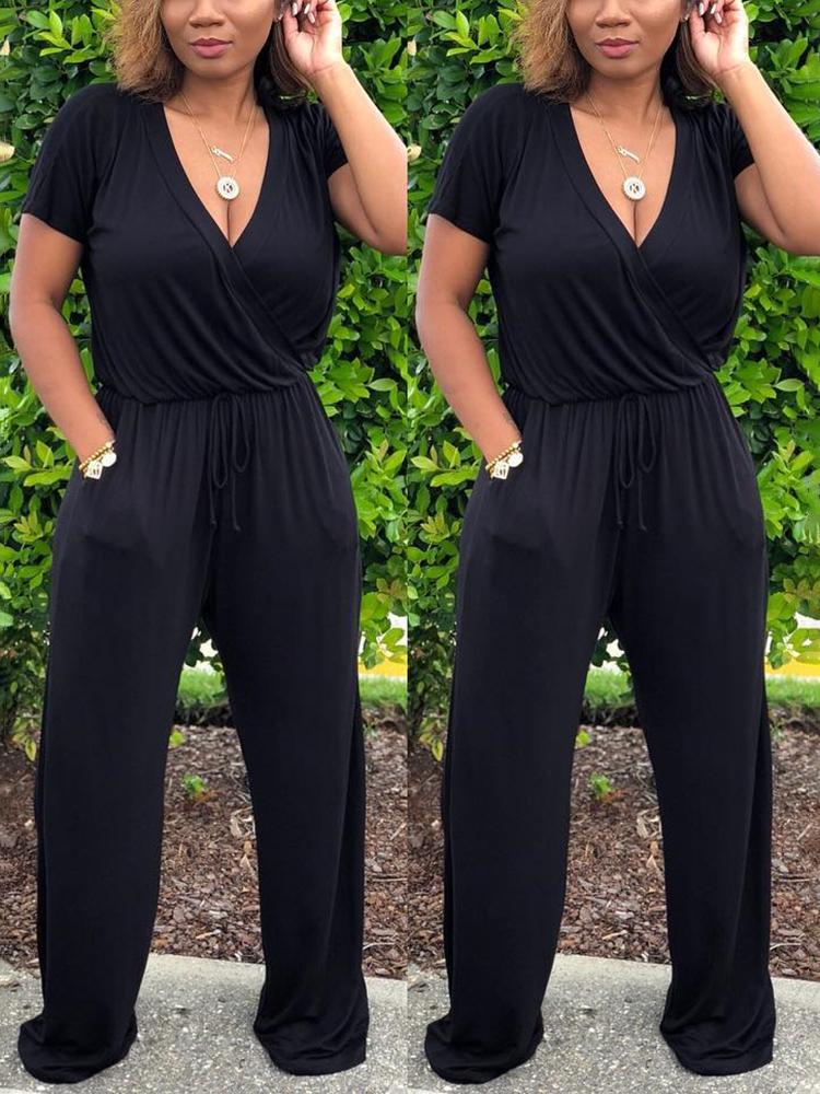 

Solid Drawstring Wrapped Wide Leg Jumpsuit