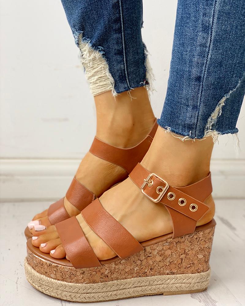 

Eyelet Buckled Espadrille Wedge Sandals, Brown