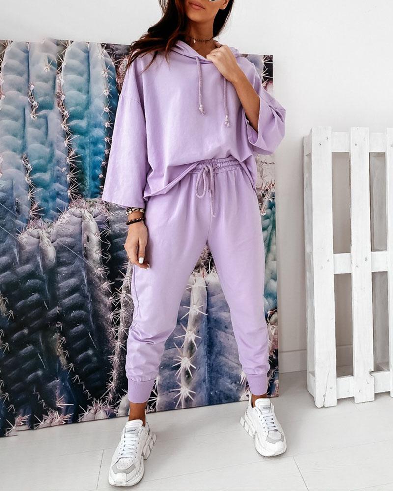 

Hooded Casual Top & Drawstring Pants Set, Purple