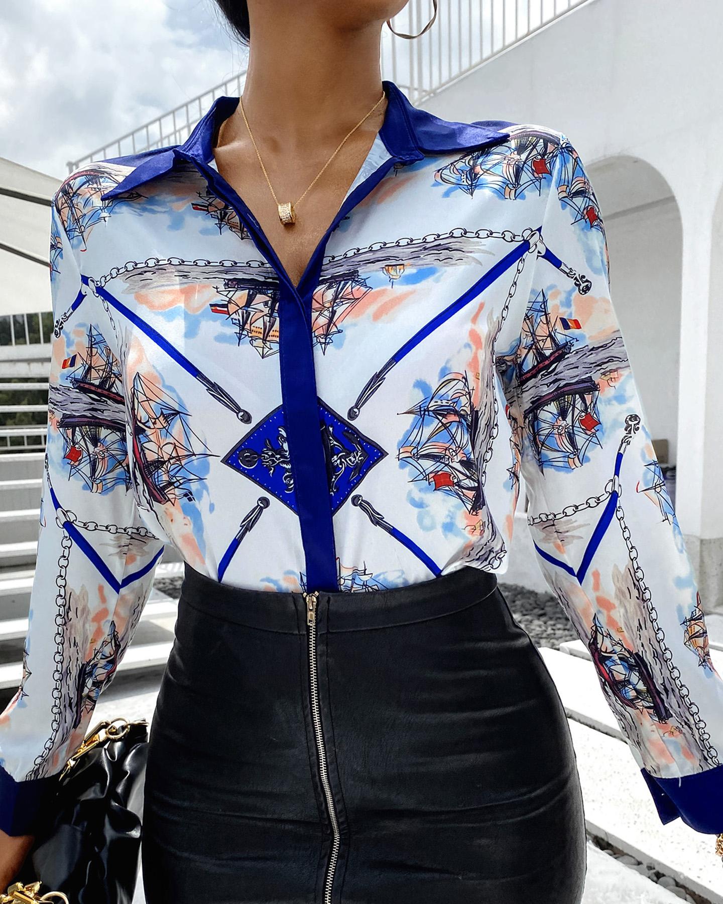

Scarf Print Colorblock Long Sleeve Shirt, Blue