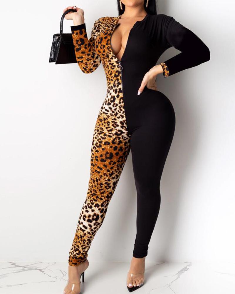 

Notched Neck Leopard Contrast Jumpsuit, Orange