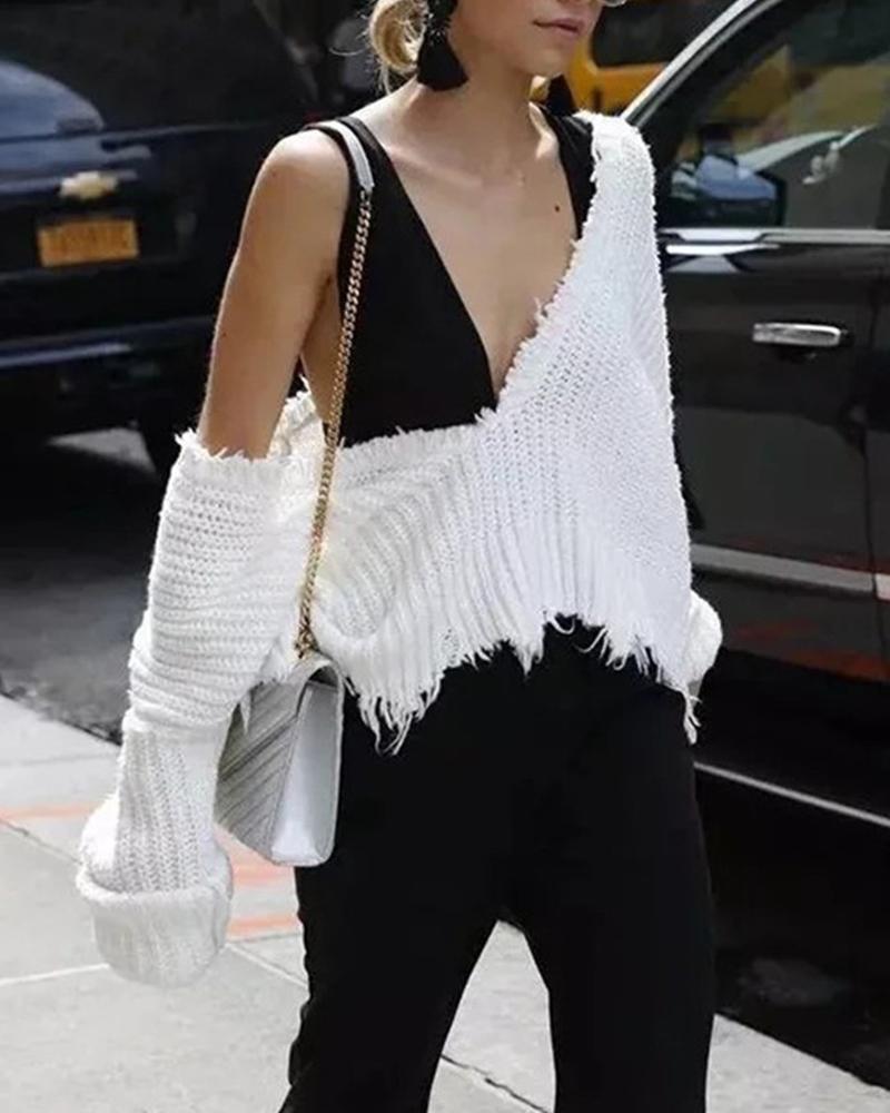 

V Neck Destroyed Hem Sweater, White