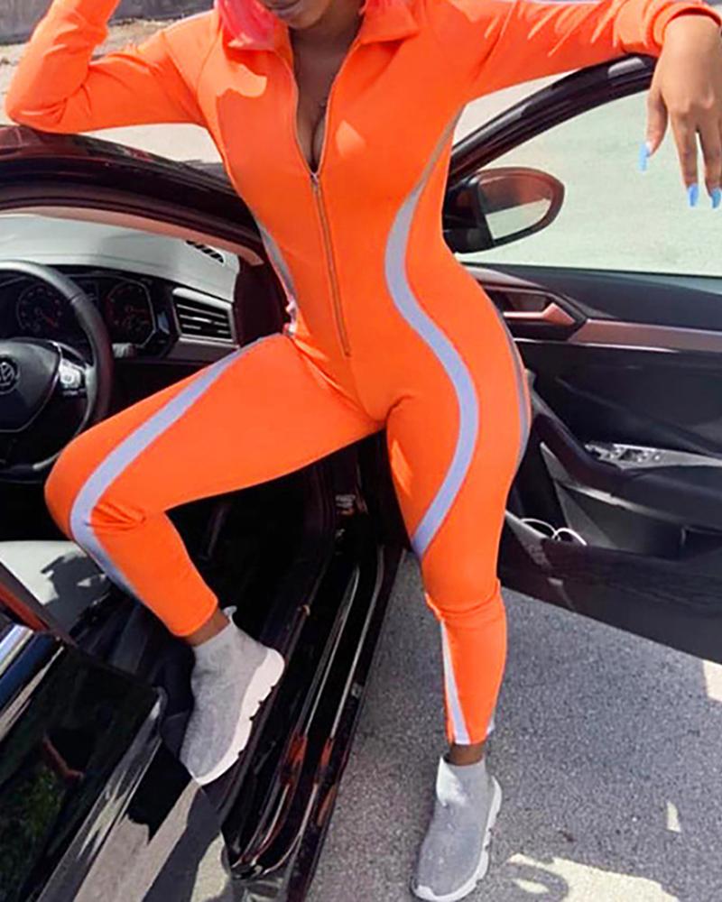 

Zipper Design Reflective Stripes Sporty Jumpsuit, Orange
