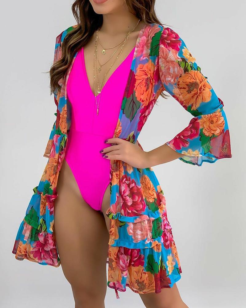 

Floral Print Frill Hem Long Sleeve Coat, Blue