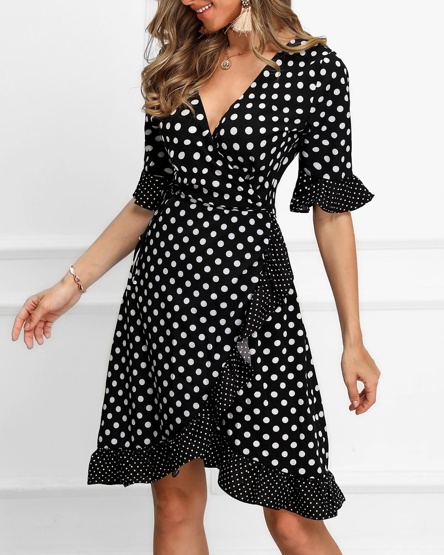 

V-Neck Wrap Dot Print Ruffles Dress, Black