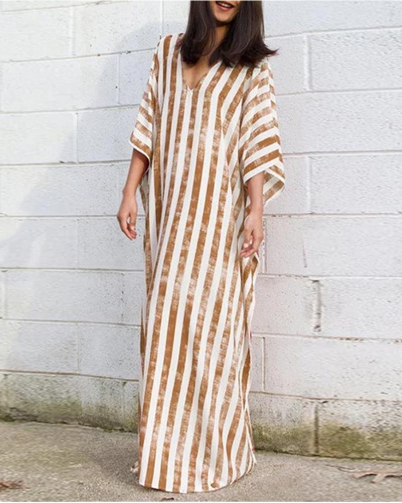 

Printed striped boho maxi women' dress, Khaki