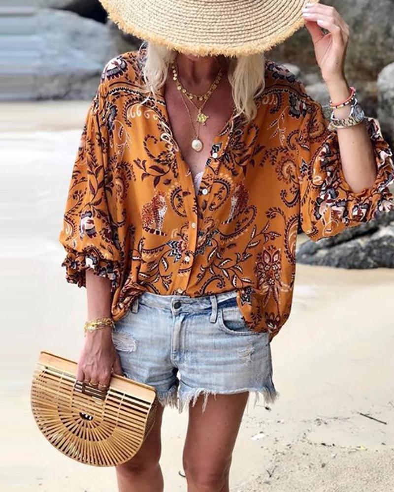 

V-neck Print Cropped Sleeves Blouse, Yellow