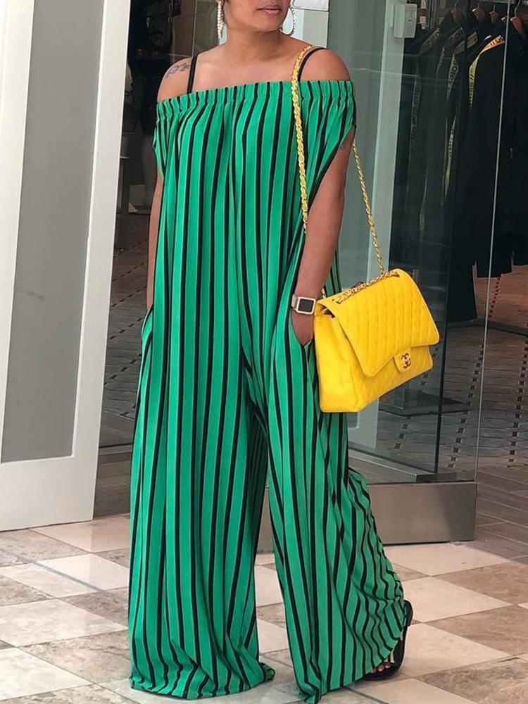 

Contrast Stripes Off Shoulder Wide Leg Jumpsuit, Green