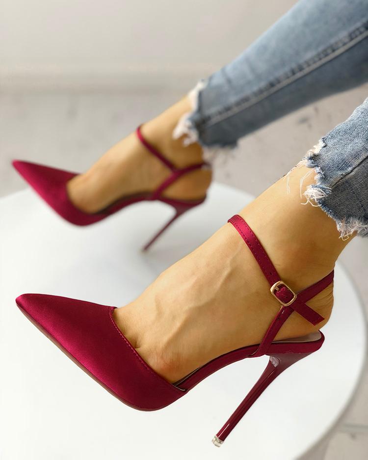 

Satin Ankle Buckle Pointed Toe Thin Heeled Sandals, Wine red