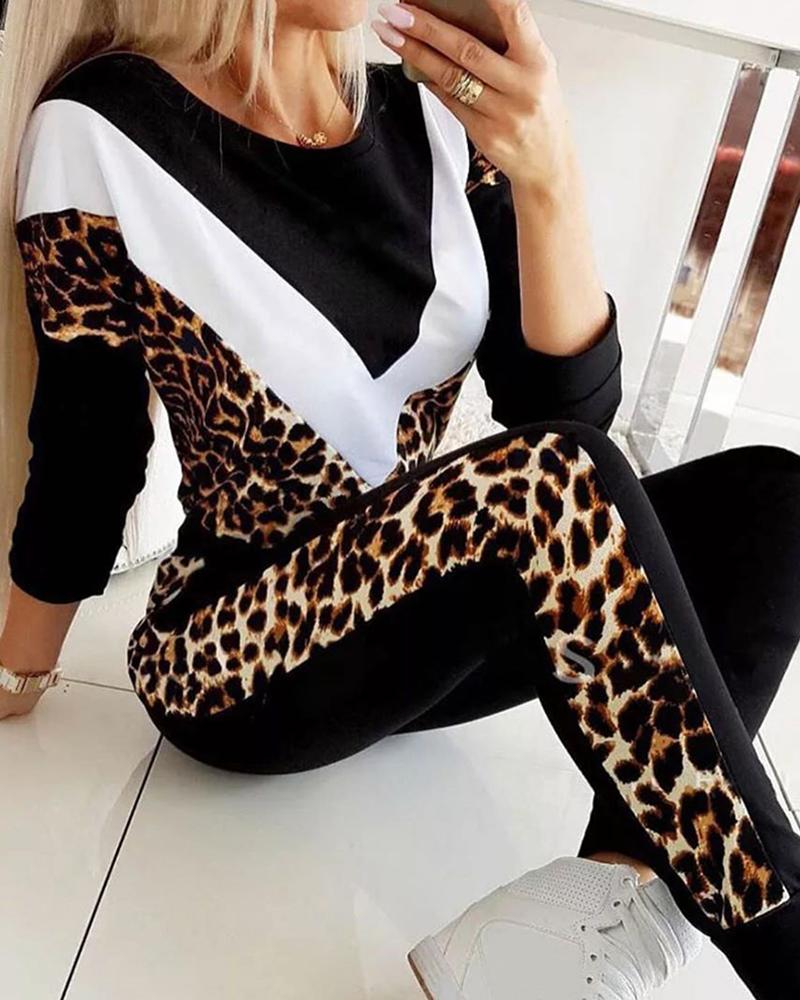 

Colorblock Leopard Print Top&Pants Sets, Black