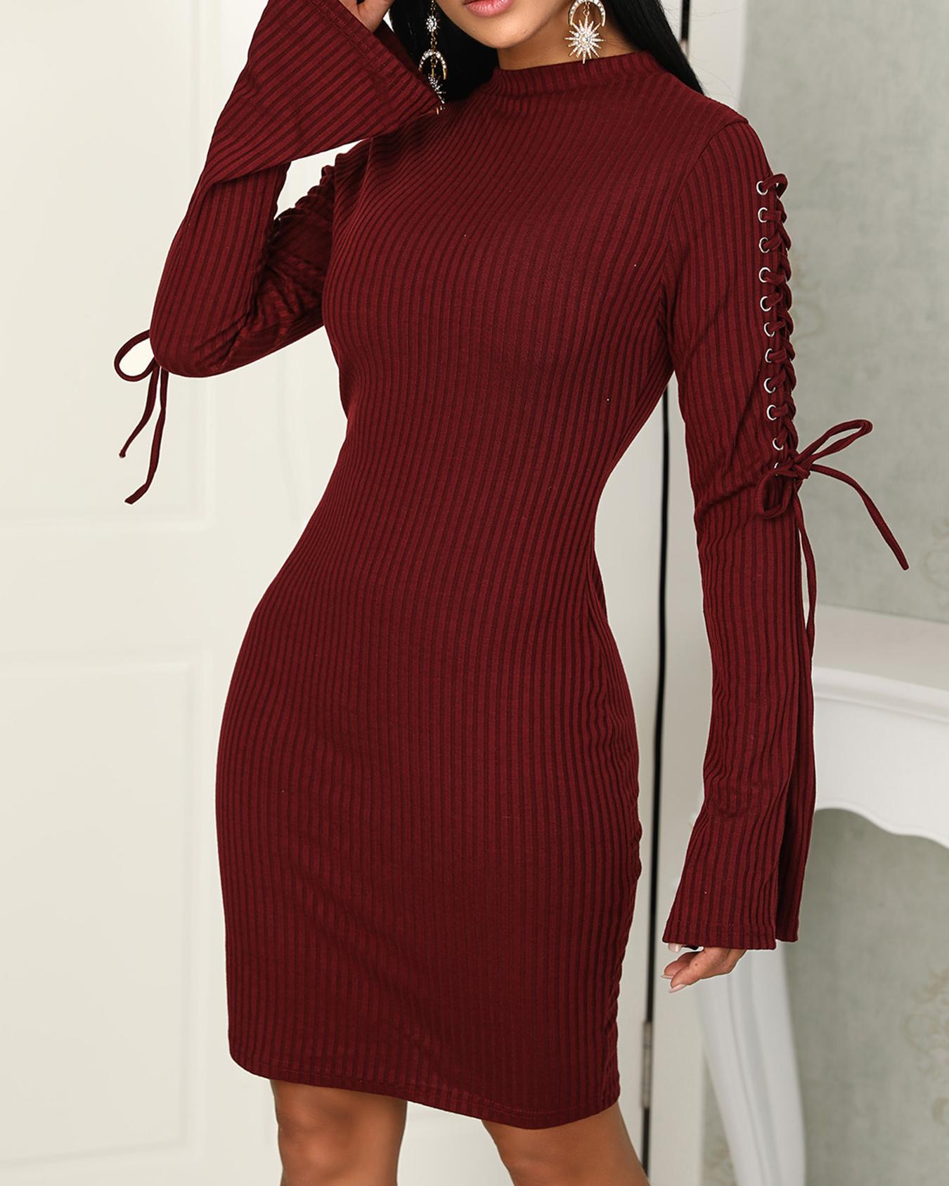 

Solid Lace-Up Eyelet Flared Sleeve Bodycon Dress, Wine red