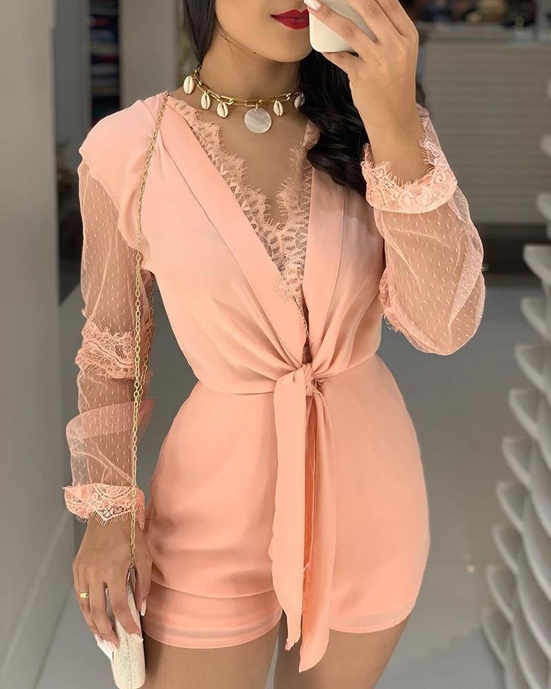 

V-Neck Eyelash Lace Insert Twisted Design Romper, Pink