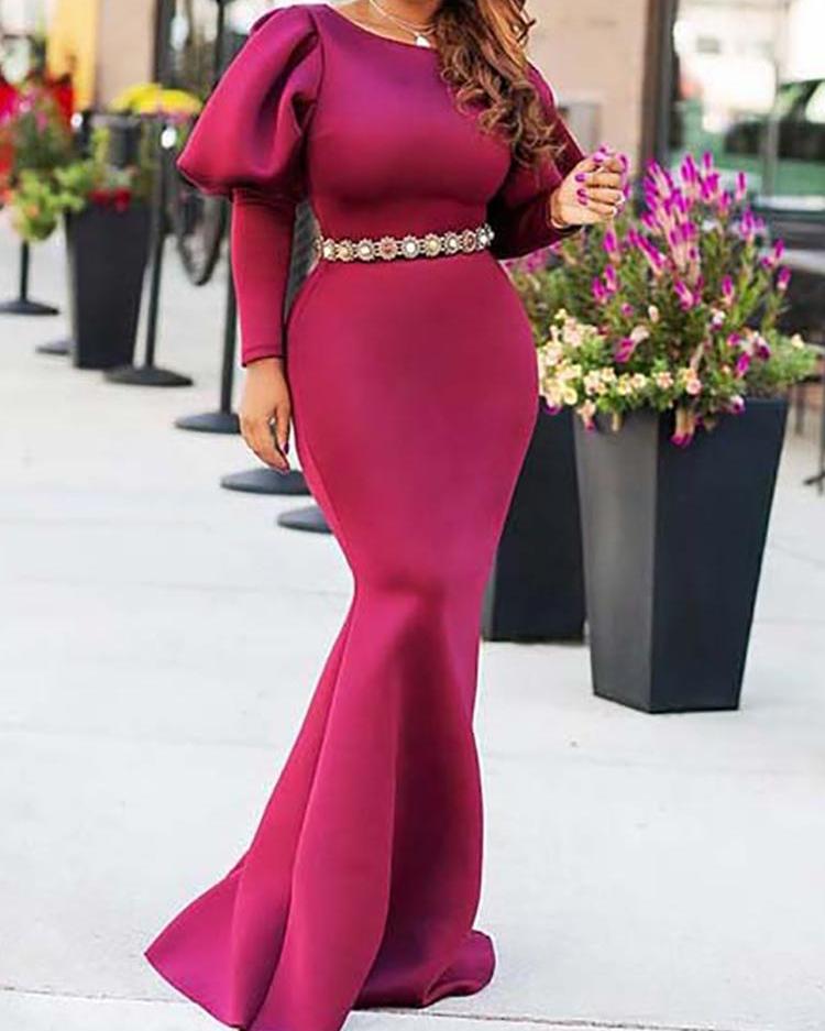 

Puff Sleeve Fishtail Evening Dress, Hot pink