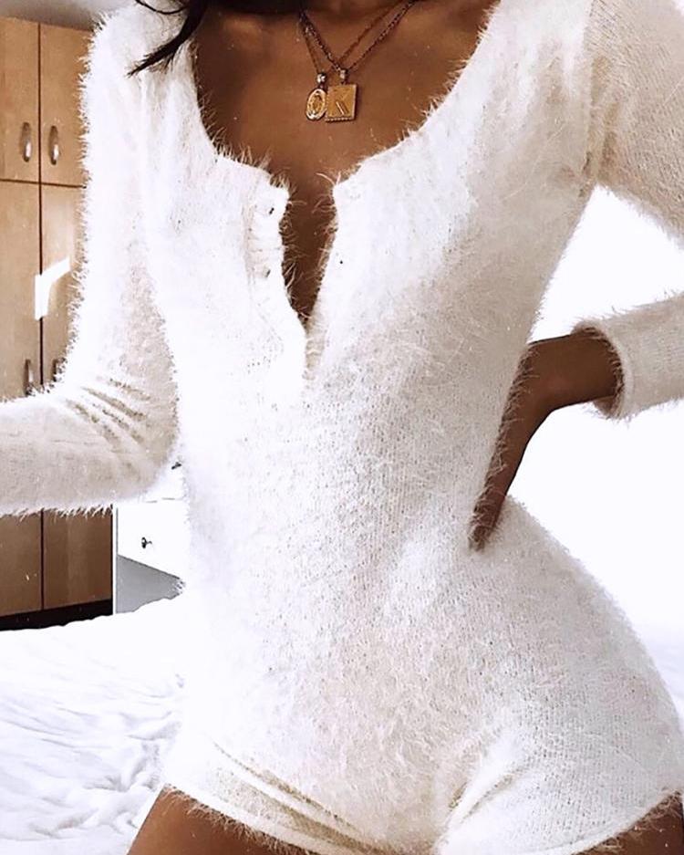 

Fluffy Buttoned Long Sleeve Romper, White