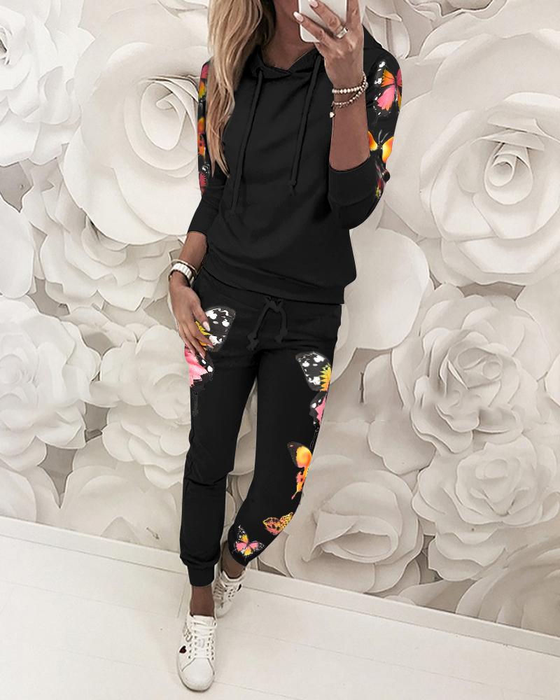 

Drawstring Butterfly Print Hooded Top & Pant Sets, Black
