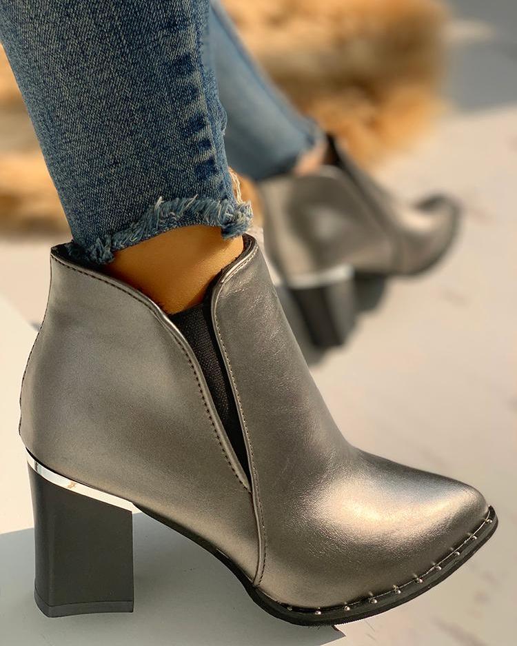 

Pointed Toe Chunky Heeled Boots, Silver