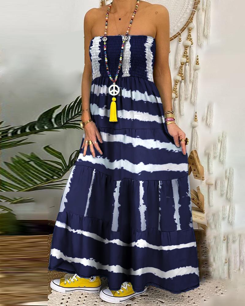 

Bandeau Tie Dye Print Shirring Design Maxi Dress, Blue
