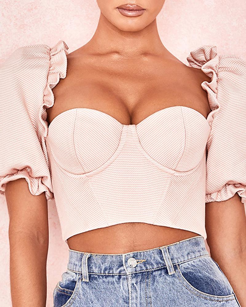 

Puff Sleeve Frill Hem Corset Crop Top, Pink