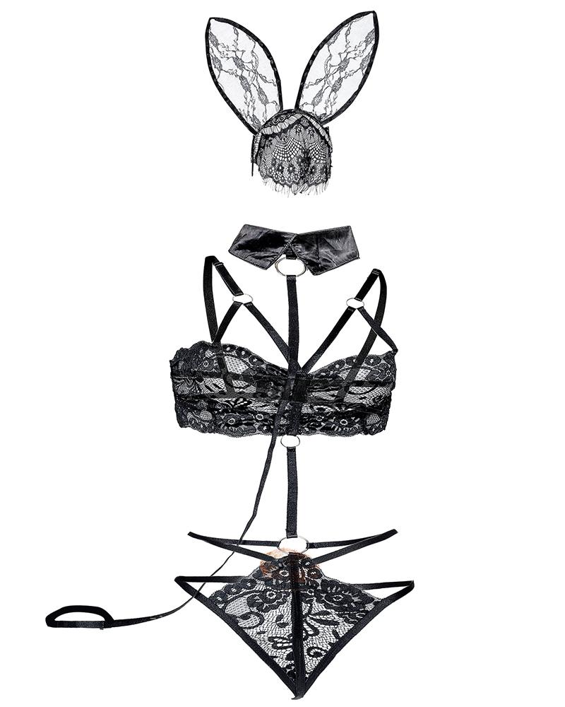 

3PCS Spaghetti Strap Crochet Lace Teddy Set, Black