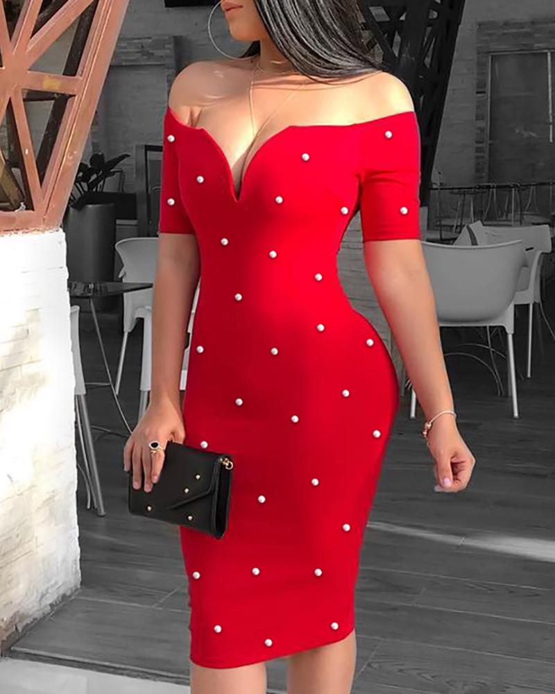 

Off Shoulder Beaded Midi Dress, Red