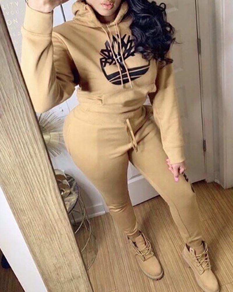 

Print Drawstring Design Hooded Top & Pant Sets, Khaki