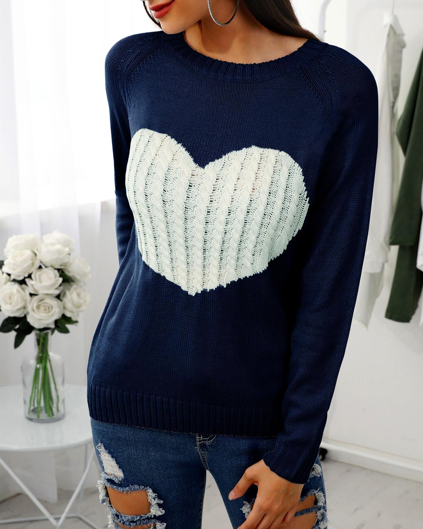 

Heart Pattern Long Sleeve Casual Sweater, Purplish blue