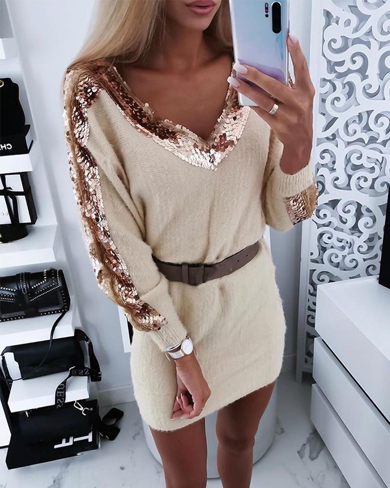 

V Neck Sequined Spliced Dress, Apricot