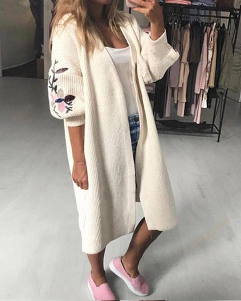 

Oversized Embroidered Knitted Long Cardigan, Beige