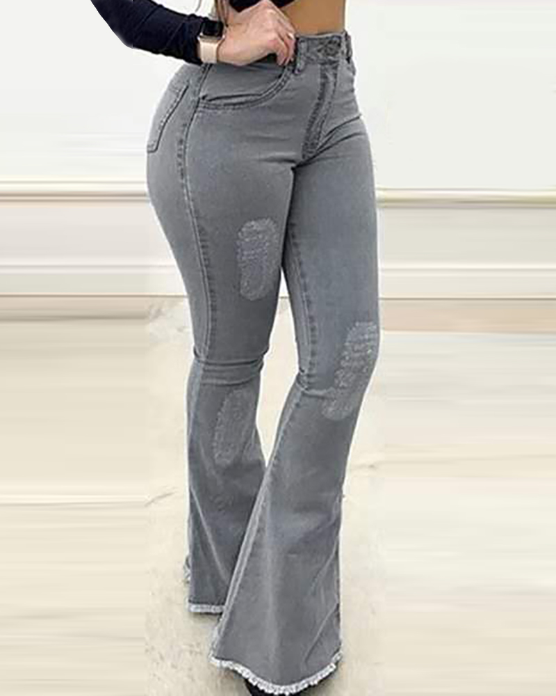

Solid Pocket Design Denim Bell-Bottom Pants, Gray