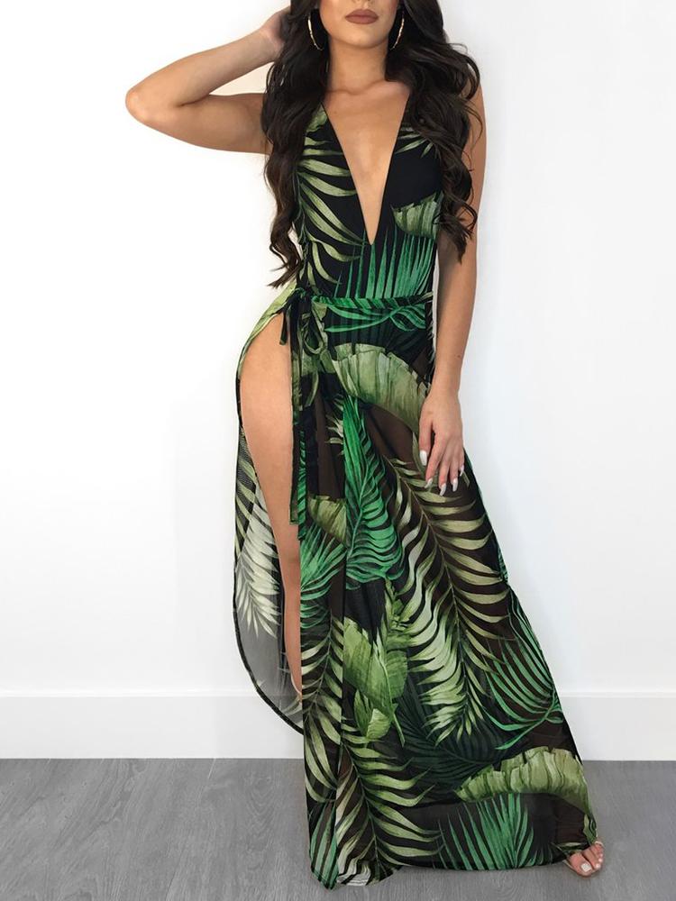 

Leaf Print Plunge Backless Bodysuit With Cover Ups